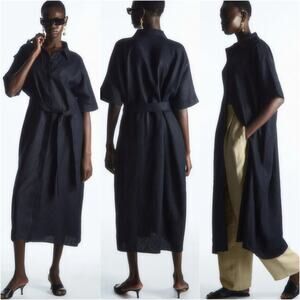 COS Belted Linen Shirt Dress Large Navy Minimalist Quiet Luxury Lagenlook